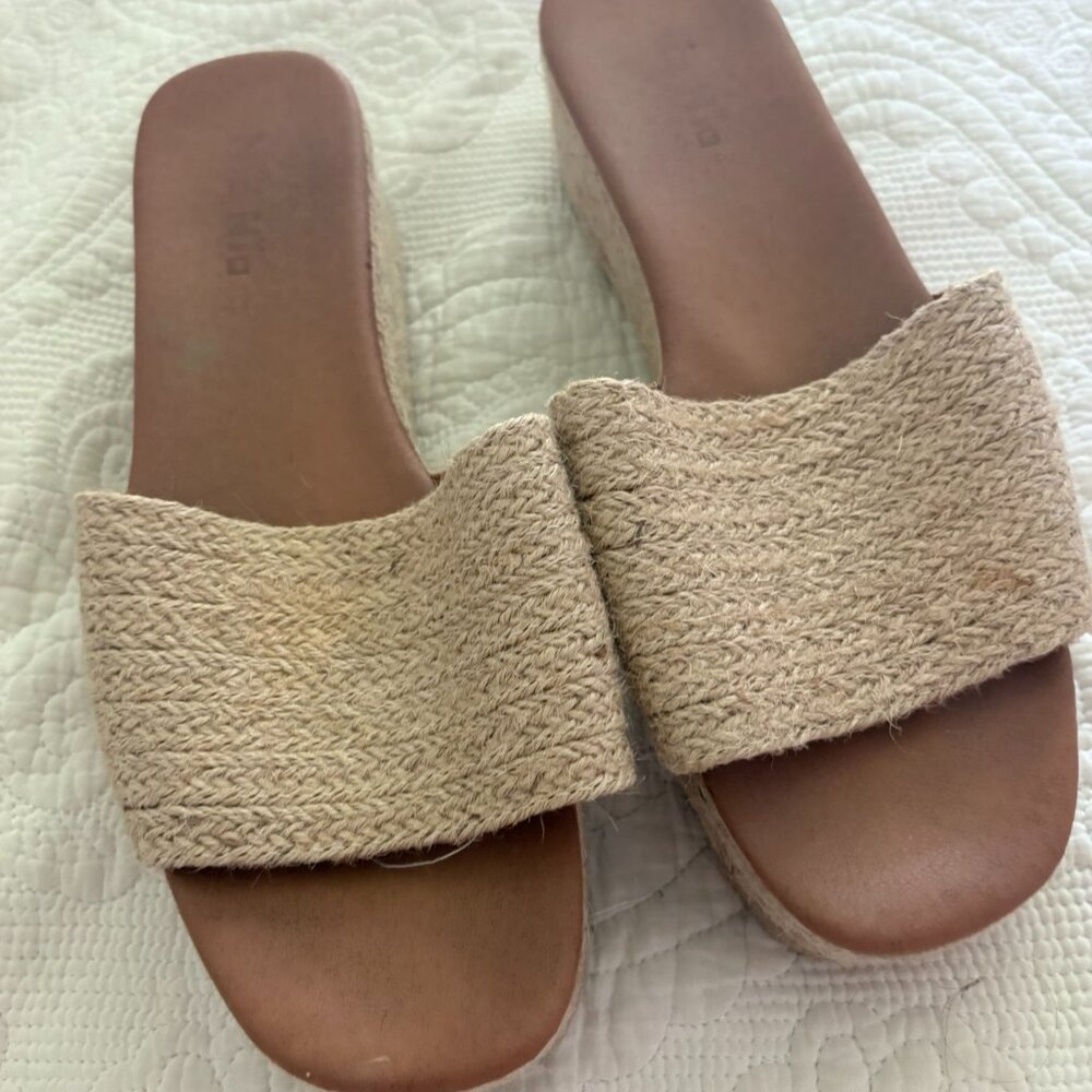 Espadrille Platform Straw Slide Sandals | Neutral Woven Slip-Ons | Size 10